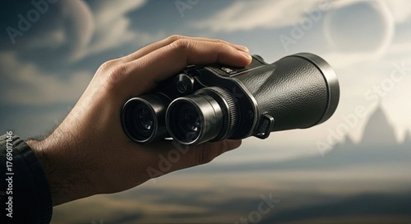Fototapeta Hand holding binoculars, searching the horizon for new discoveries and future possibilities.