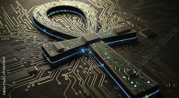 Fototapeta Ancient symbol of life transformed into futuristic digital circuitry