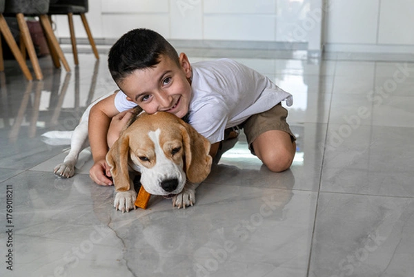 Fototapeta A cheerful boy hugs his beagle on a shiny floor, as the dog focuses on chewing a tasty treat. This scene captures a warm moment between a playful pet and a happy child.