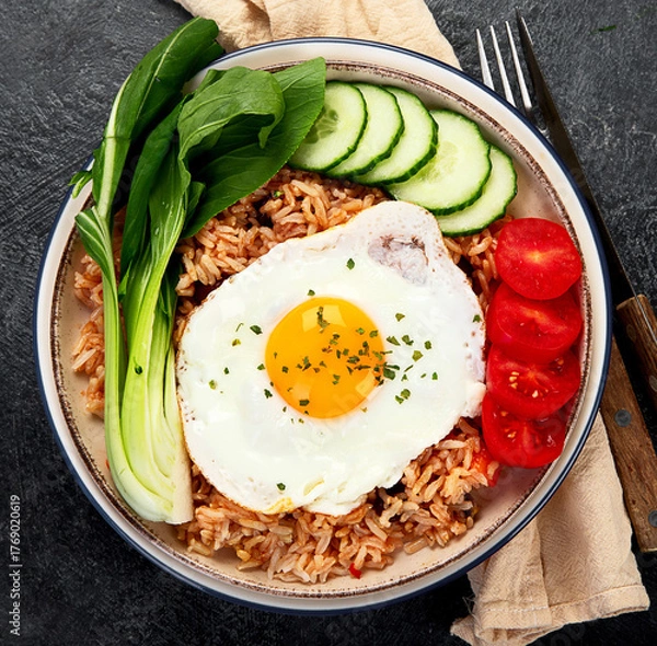 Obraz ndonesian nasi goreng (fried rice) served on a plate.
