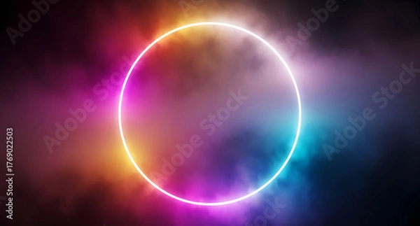 Fototapeta Neon glowing circle with colorful smoke and futuristic light aura