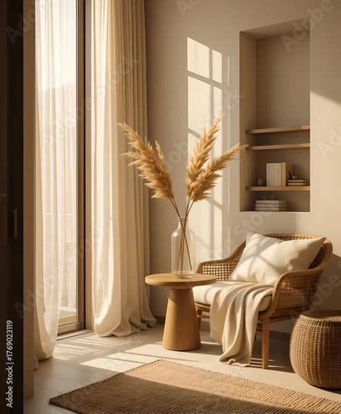 Fototapeta Sunlit Reading Corner with Pampas Grass and Rattan Chair