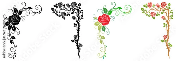 Obraz Halloween corner ornament with floral roses and curling vines in gothic style