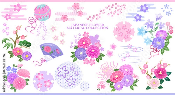 Obraz 和柄 日本の花ベクター素材詰め合わせ 桜 牡丹 菊 松竹梅 百合 椿 扇 手鞠 上品 可愛い ピンク 紫 水色 Japanese pattern Japanese flower vector material assortment Cherry blossoms Peony Chrysanthemum Pine bamboo plum Lily Camellia Fan Temari Ball 