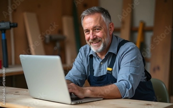 Fototapeta Portrait of mature worker using laptop in carpenters workshop interior, copy space. High quality