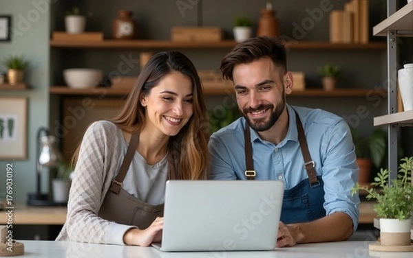 Fototapeta Two young shop owners using a laptop in their store. High quality