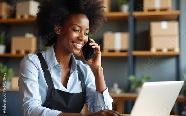 Fototapeta Black, businesswoman and phone call in logistics startup consulting with customer while working at office. Happy African female talking to client or buyer on smartphone in small ecommerce business
