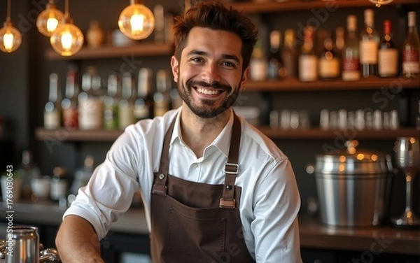 Fototapeta Bartender wearing apron and smiling. High quality