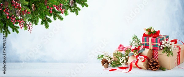 Fototapeta Wrapped Christmas gifts with ribbon, pine branches, and festive accents under fir branches. Christmas, Winter or New Year concept