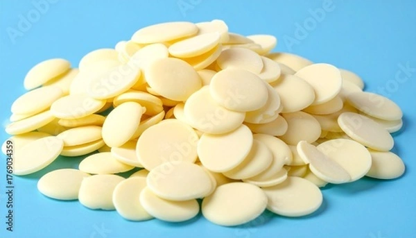Fototapeta Close-up of a pile of white chocolate buttons on a light blue background, perfect for baking and confectionary use