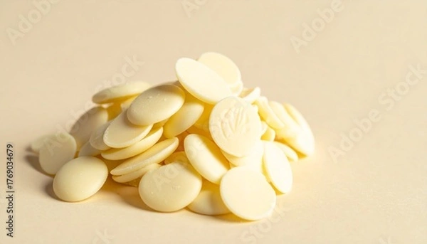 Fototapeta A close-up shot of a small mound of delicious white chocolate chips, perfect for baking, confectionery, or snacking, arranged on a neutral background