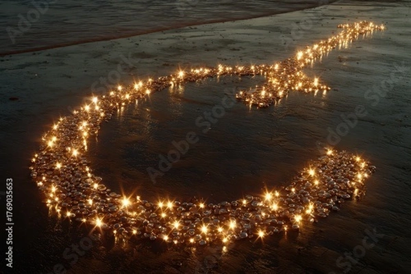 Fototapeta Sparkling Symbols Created with Stones on a Sandy Surface at Dusk