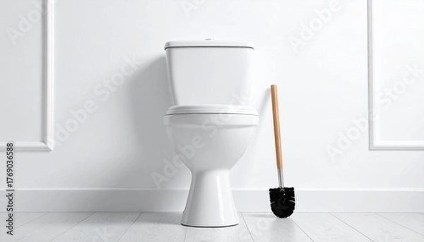 Fototapeta Pristine white ceramic toilet and cleaning brush in a bright, modern restroom interior design concept for hygiene and sanitation