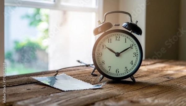 Obraz Classic alarm clock on rustic wooden table with soft sunlight from window. Symbol of time, morning routine, punctuality, and mindfulness.
