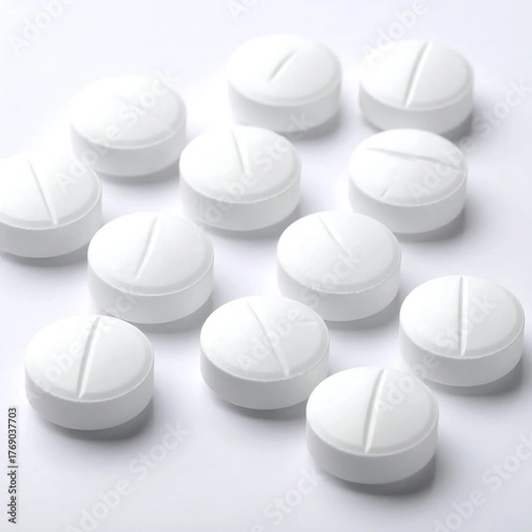 Obraz Assortment of white tablets with scored lines on a bright surface