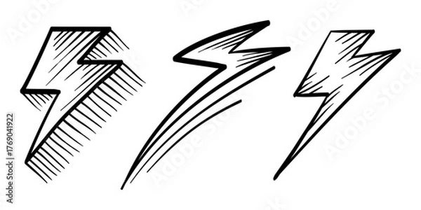 Fototapeta Set of Hand drawn electric lightning. Doodle thunderbolt and thunderstorm. isolated on white background. vector illustration