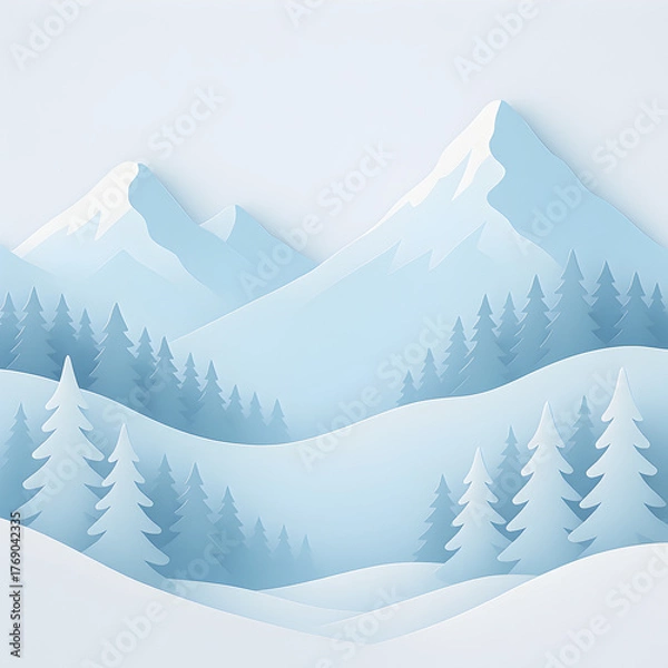 Obraz paper-cut layered mountains and pine forest in snow, pastel blue shades