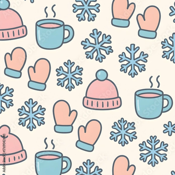 Obraz cute sticker-style winter icons (beanie, mug, mittens, snowflake), bold outlines, seamless tileable vector pattern, pastel colors on off-white