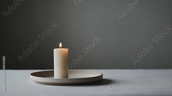 Obraz Simple white candle on a clean tray glowing softly in a peaceful indoor setting