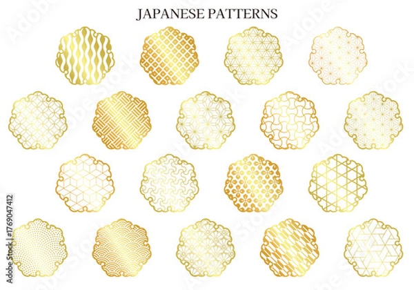 Fototapeta 雪輪の縁に色々な和柄パターンセット_ゴールド