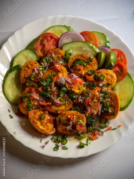 Fototapeta Close up of egg masala or egg curry prepared with onion, garlic and a mixture of Indian spices in a bowl.