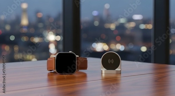 Fototapeta Luxury Smartwatch and Charger on Desk with City Lights Bokeh. Executive Business Technology and Night Skyline View.