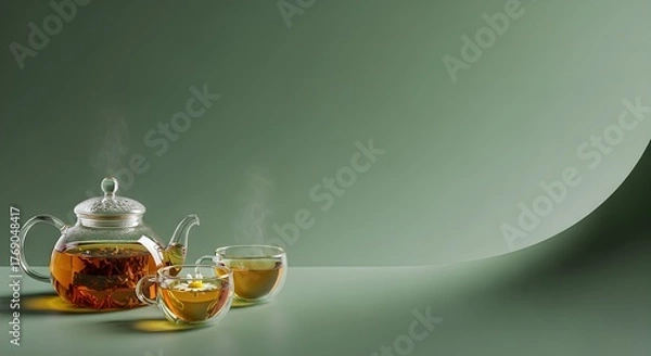 Fototapeta Steaming Hot Herbal Tea in a Glass Teapot and Cups, Representing Relaxation, Wellness, Healthy Lifestyle, and Copy Space on a Minimalist Green Studio Background