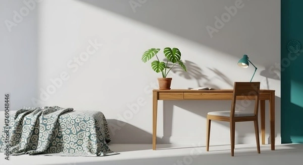 Fototapeta Minimalist Home Office with Natural Sunlight and Monstera Plant. Scandinavian Style Desk, White Wall, and Copy Space.