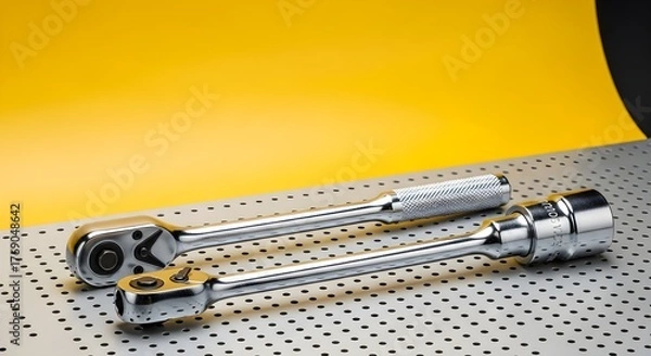 Fototapeta Shiny Chrome Ratchet Wrenches on Perforated Metal Surface. Professional Mechanic Tools with Vibrant Yellow Background.
