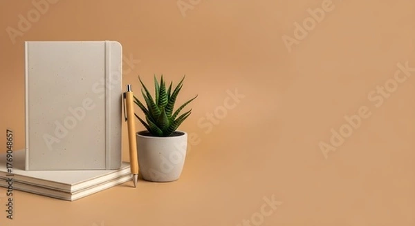 Fototapeta Minimalist Stationery Setup with Notebook, Pen, and Plant. Productivity and Education Concept on Neutral Beige Background.