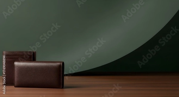 Fototapeta Minimalist Leather Wallets on Wood with Dark Green Background. Luxury Men's Accessories Product Photography with Copy Space.