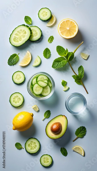 Fototapeta Refreshing summer ingredients flat lay featuring lemon cucumber avocado and mint for wellness diet
