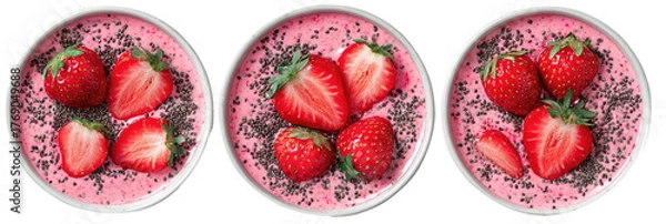 Fototapeta Three pink bowls with strawberries and seeds, overhead