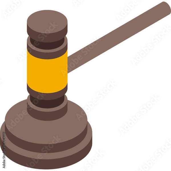 Fototapeta Isometric Brown Gavel With Yellow Band And Shadow Isolated On White Background Representing Justice And Law