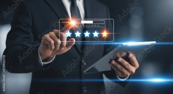 Fototapeta Businessman giving a four star rating on a digital tablet interface