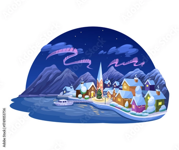 Fototapeta Winter Village with Snow, Christmas Tree, and Northern Lights Cartoon Illustration Vector
