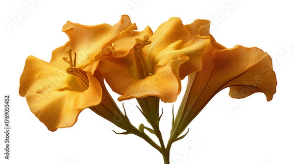Obraz Close up of three vibrant orange angel trumpet flowers against a stark black background in bloom