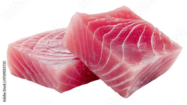 Obraz Close up of two square cuts of fresh pink tuna meat on a black background ready to be served
