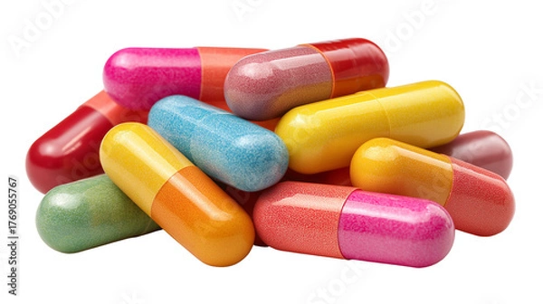 Obraz A close up shot of a pile of colorful capsules in various colors on a black background studio shot