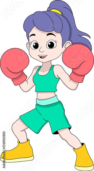 Obraz Vector cartoon of a female boxer in a ready stance while training, symbolizing strength and focus in fitness and sports