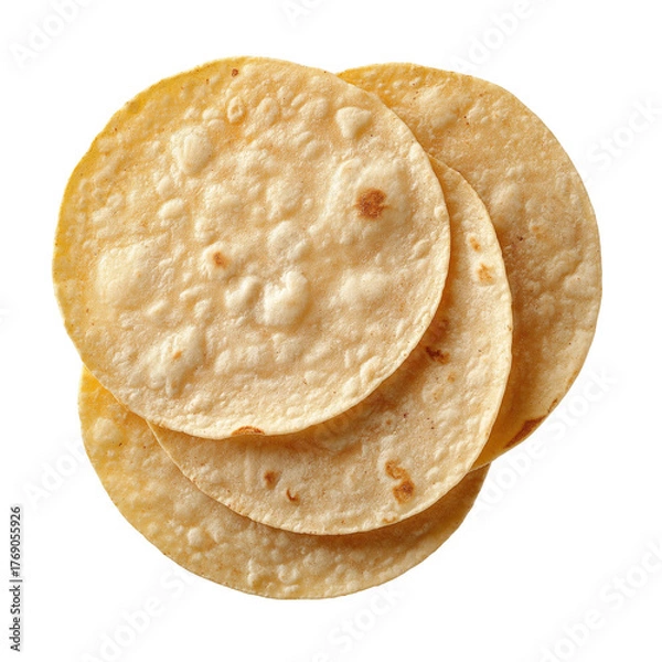 Obraz A close up shot of three yellow tortillas stacked on top of each other on a black background plane