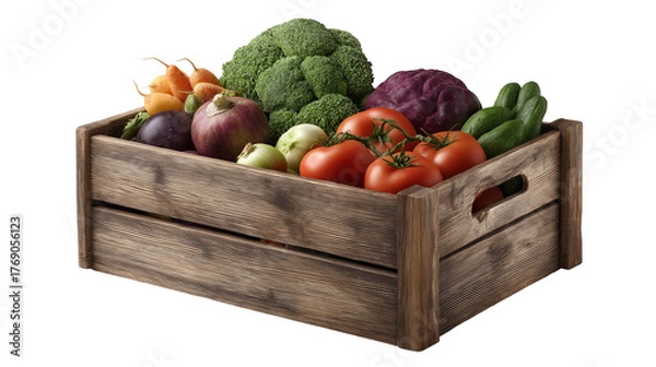 Obraz A rustic wooden crate filled with a variety of fresh produce on a black background studio setting