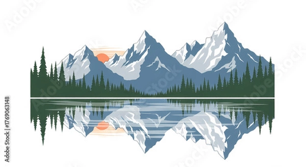 Fototapeta Majestic Snow-Capped Mountains Reflected in Calm Lake Water.