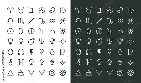 Obraz Astrology symbols and icons set. Signs of the zodiac, planets, asteroids vector with editable stroke