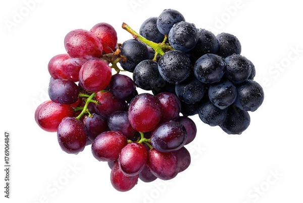 Fototapeta Red and black grapes, wet, on a black background