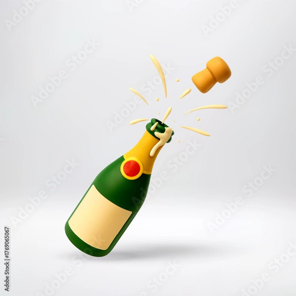 Fototapeta 3D Champagne cork explosion with festive bubbles popping from a green bottle. Celebration and holiday toast concept for New Year Eve or special occasion. Vector illustration
