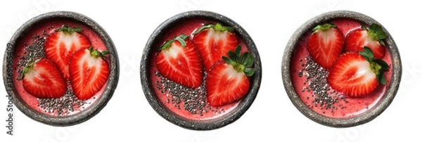 Fototapeta Three bowls of strawberry smoothie with chia and fruit