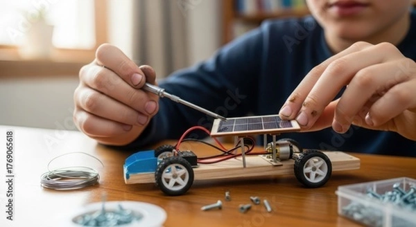 Fototapeta Child Assembling Solar Panel Toy Car Science Project Learning Renewable Energy Education