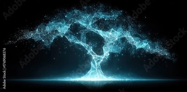 Fototapeta Glowing Blue Tree of Life Forming Earth Outline in Space, Dark Background with Backlight and Misty Roots Creating Infinite Depth