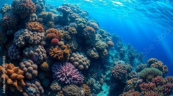 Obraz Underwater coral world: Explore a vibrant underwater world, teeming with a diverse collection of colorful coral formations, capturing the beauty of marine life and ecosystem. 